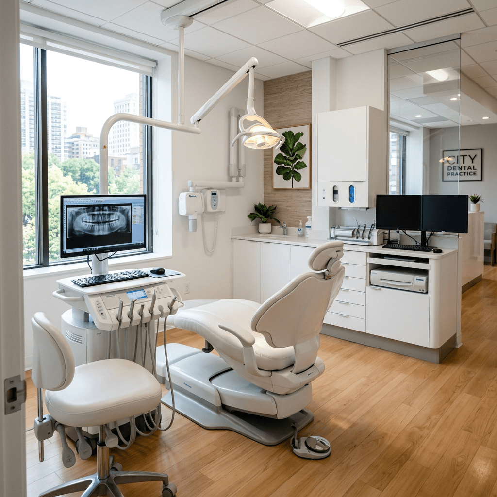Dental chair, dental instruments, computer showing dental X-ray, and large windows with city view in a clean dental operatory